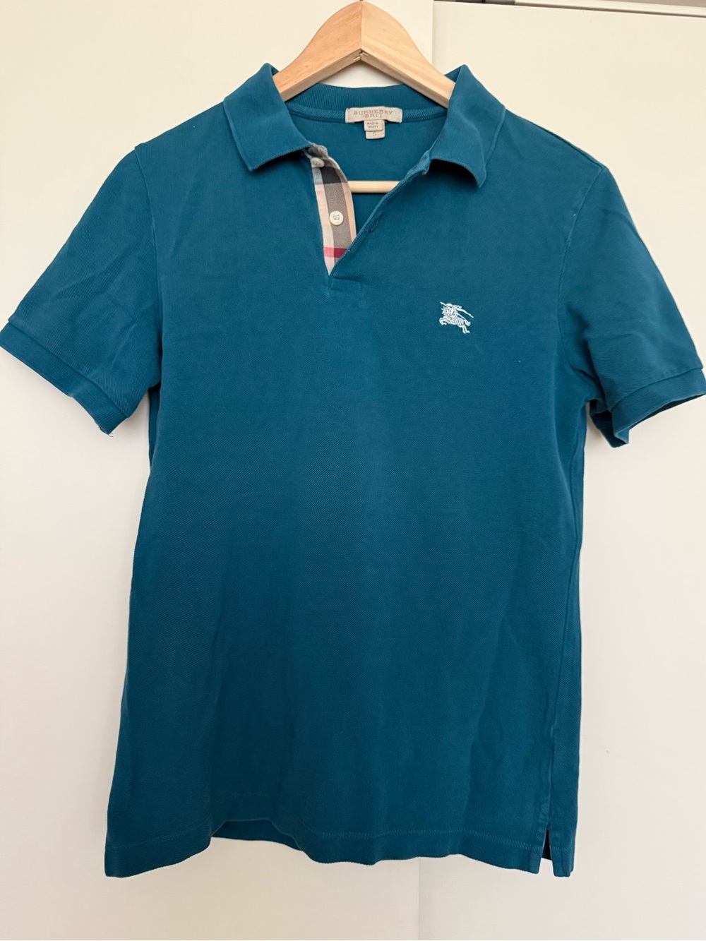 BURBERRY Brit Cotton Pique Polo T-shirt in Teal with Check Trim Logo Size Small